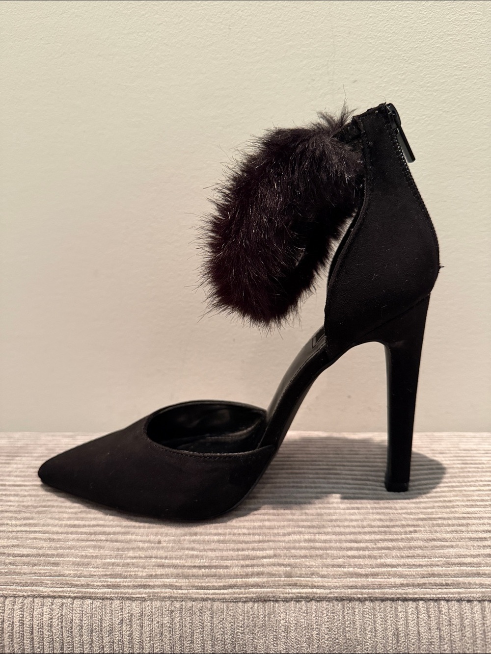 Forever 21 Black Pointed Faux-Fur Ankle Strap Stiletto